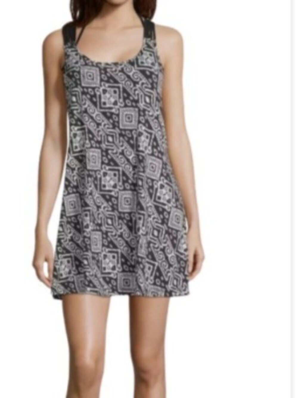 Porto Cruz Womens Linear Mini Dress Black Geo Print Strappy Crossback 1X New